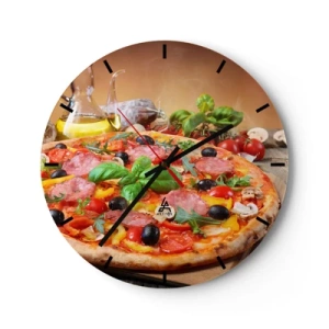Wandklok - Klok - Smakelijke pizza met toppings op een houten tafel - 30x30cm - Met echte Italiaanse smaak - Moderne wanddecoratie voor woonkamer, keuken en slaapkamer ARTTOR