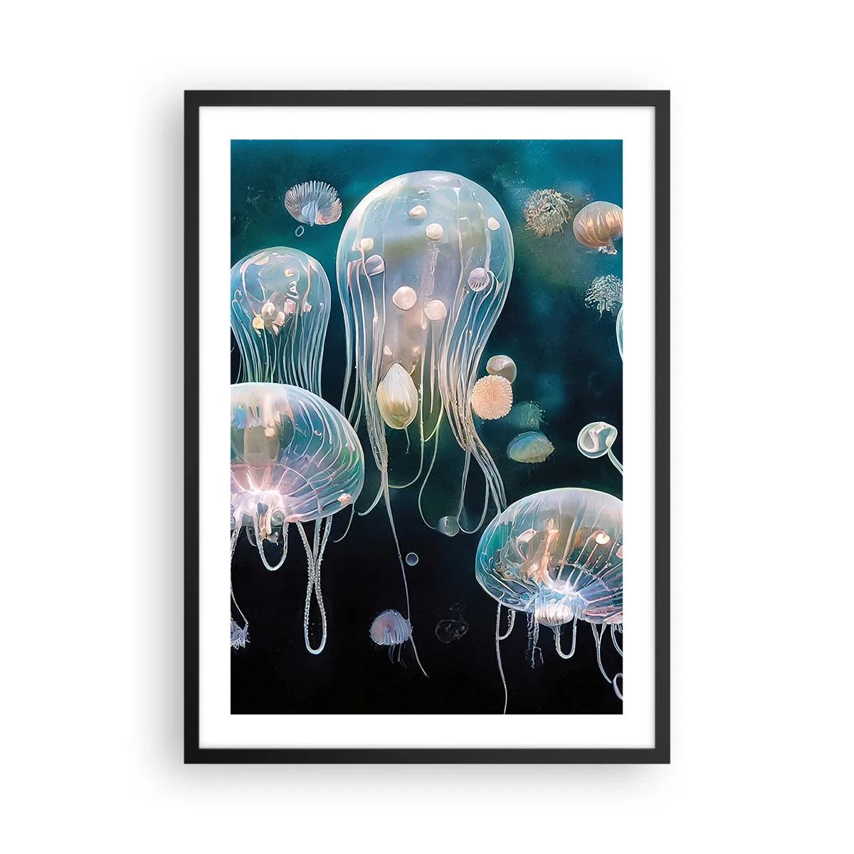 Poster in een zwarte lijst - Subtiele kwallen die in de zee drijven - 50x70cm - Ondferwaterbal - Moderne wanddecoratie voor woonkamer en slaapkamer ARTTOR