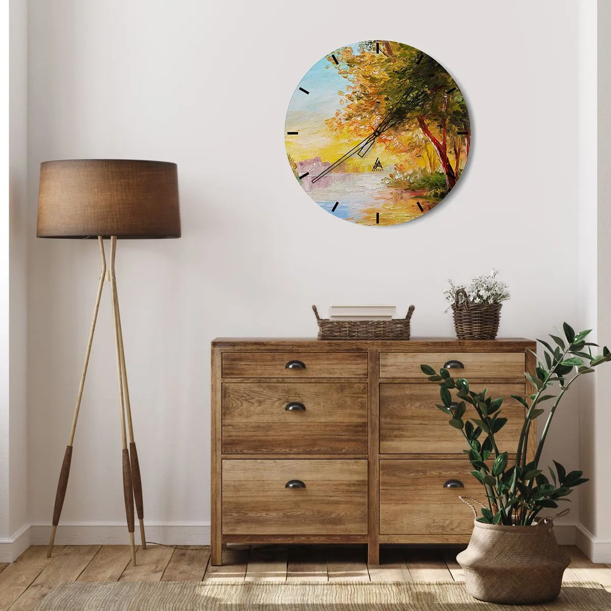 Wandklok - Klok - Herfstbomen aan de rivier in het warme zonlicht - 30x30cm - Et in Arcadia ego - Moderne wanddecoratie voor woonkamer, keuken en slaapkamer ARTTOR