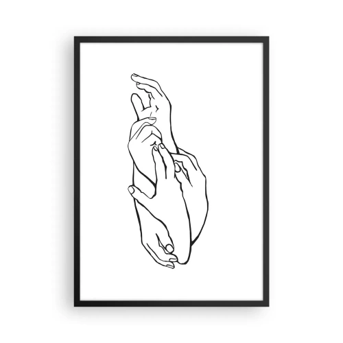Poster in een zwarte lijst - Een minimalistische schets van gevouwen handen op een witte achtergrond. - 50x70cm - Goede aanraking - Moderne wanddecoratie voor woonkamer en slaapkamer ARTTOR