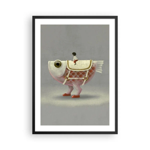 Poster in een zwarte lijst - Een fantasievis met een zadel en een figuur op een grijze achtergrond - 50x70cm - Ruiter op een surrealistische vis - Moderne wanddecoratie voor woonkamer en slaapkamer ARTTOR