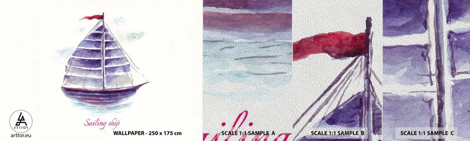 Fotobehang Monster Premium Sand - Volle zeilen en rustig water - Zeilboot, Kust, Zee - 100x30 cm