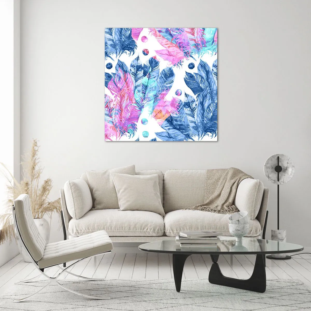 Schilderen op glas - Pluimen in roze en blauw - 40x40 cm