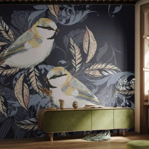 Fotobehang Premium Sand - Geel-blauwe triller - Abstractie, Vogels, Bladeren - 350x256 cm