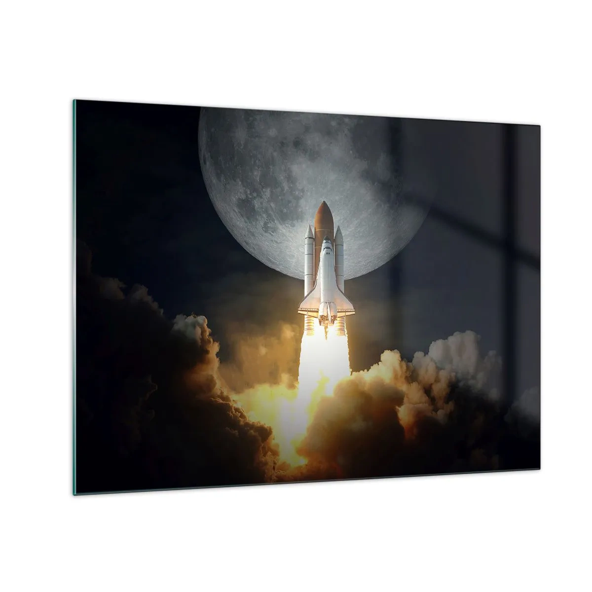 Schilderen op glas - De lancering van een ruimteraket tegen de achtergrond van de maan en de nachtelijke hemel. - 70x50cm - Het begin van een onaards avontuur - Moderne wanddecoratie voor woonkamer en slaapkamer ARTTOR