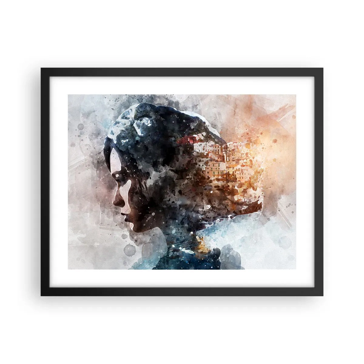 Poster in een zwarte lijst - Een verhaal over een meisje met een stad op de achtergrond - 50x40 cm