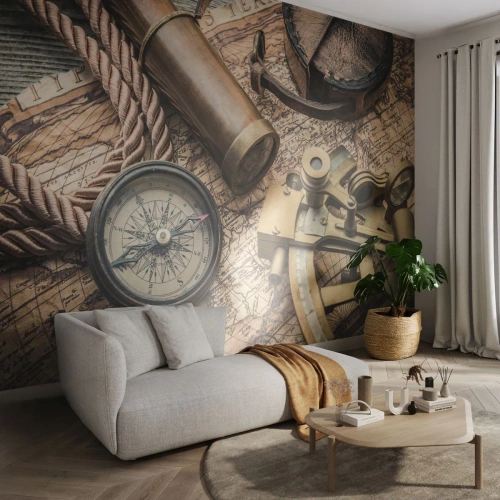 Fotobehang Premium Canvas - Zet koers - Nautisch, Wereldkaart, Kompas - 100x70 cm