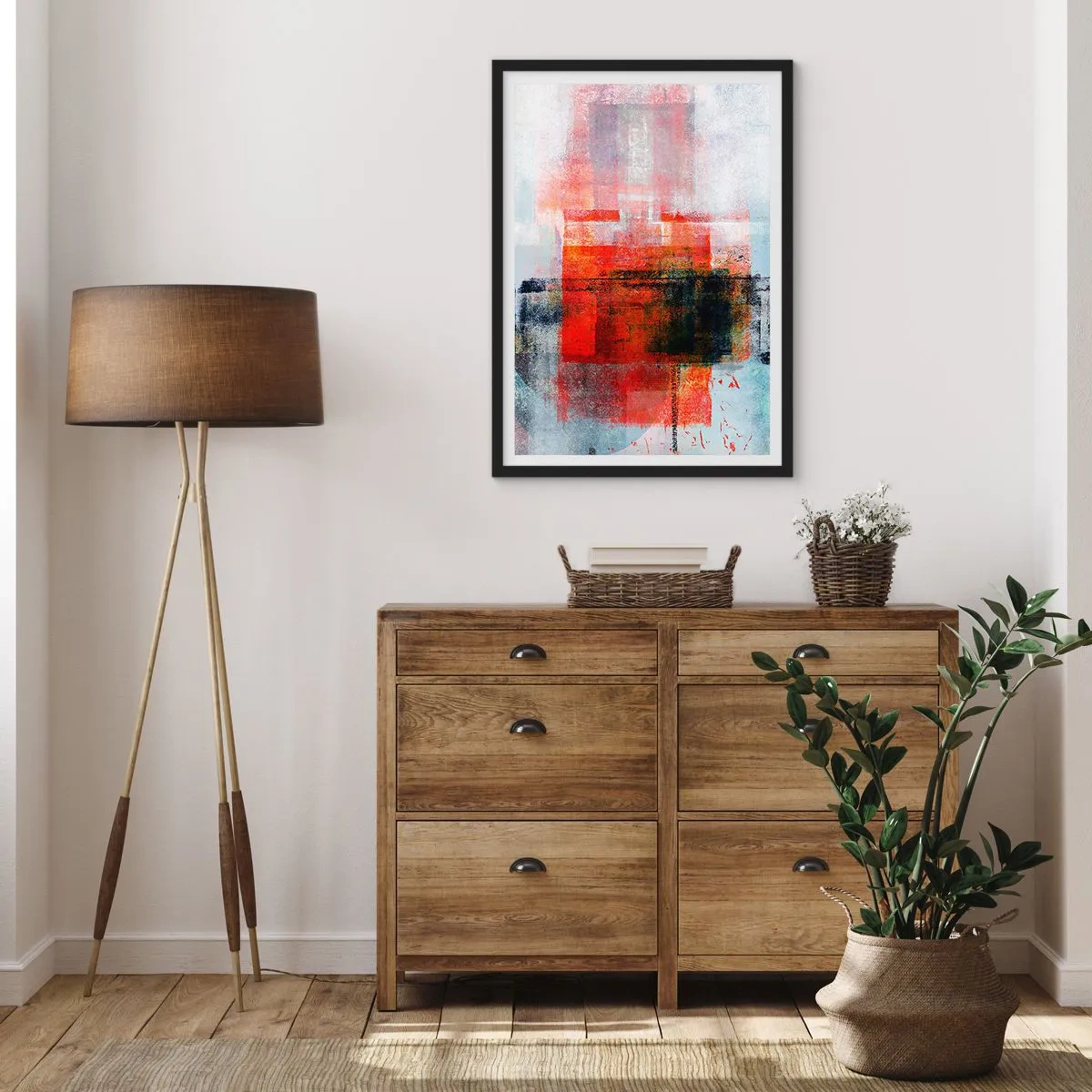 Poster in een zwarte lijst - Geometrische abstractie in intense roodtinten - 50x70cm - Een gloeiende compositie - Moderne wanddecoratie voor woonkamer en slaapkamer ARTTOR