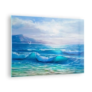 Schilderen op glas - Blauwe zeegolven die op een zonnige dag tegen de kust klotsen - 70x50cm - Het brengt verlichting - Moderne wanddecoratie voor woonkamer en slaapkamer ARTTOR
