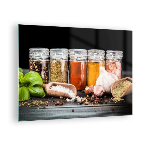 Schilderen op glas - Kleurrijke kruiden in potten op een donkere achtergrond - 70x50cm - Zodat het leven smaak heeft - Moderne wanddecoratie voor woonkamer en slaapkamer ARTTOR