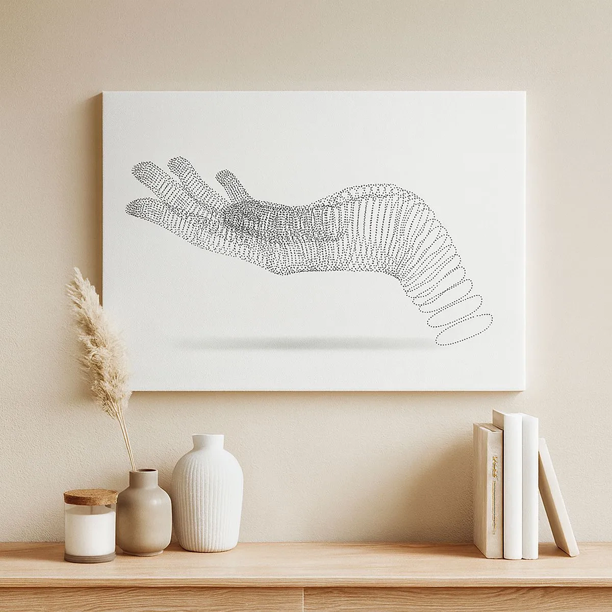 Schilderen op canvas - Een minimalistische illustratie van een hand gemaakt van zwarte stippen op een witte achtergrond. - 70x50cm - Veerkrachtige hand - Moderne wanddecoratie voor woonkamer en slaapkamer ARTTOR