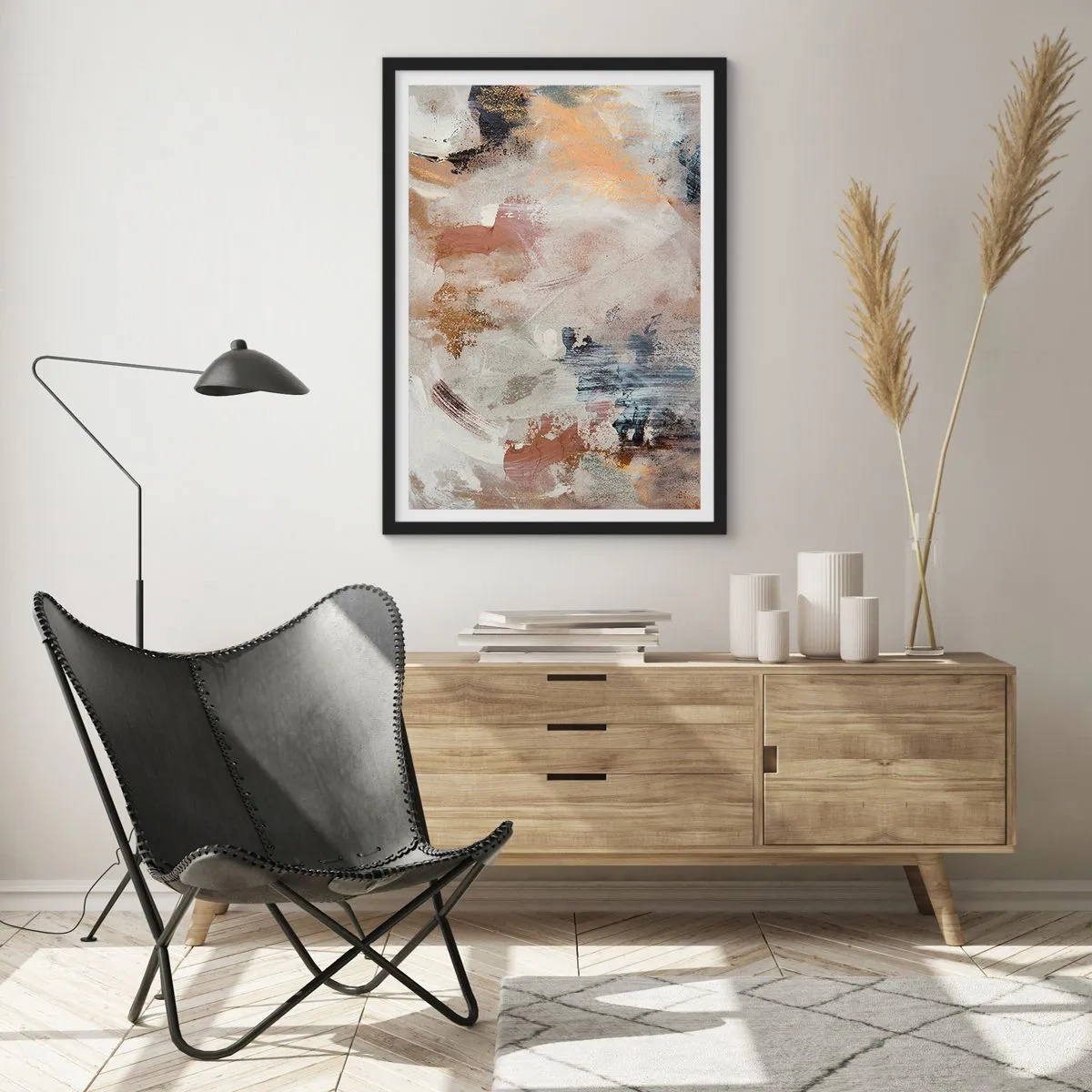 Poster in een zwarte lijst - Een abstracte compositie in warme, aardse kleuren. - 50x70cm - Mistige abstractie - Moderne wanddecoratie voor woonkamer en slaapkamer ARTTOR