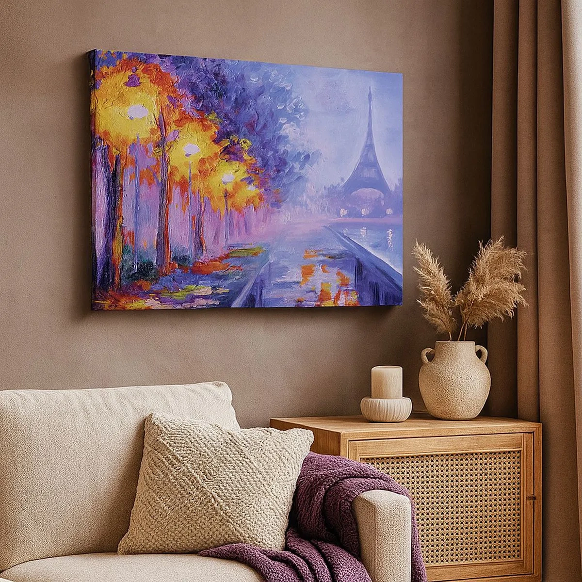 Schilderen op canvas - Een laan met lampen in Parijs met de Eiffeltoren op de achtergrond - 70x50cm - Een droomwandeling - Moderne wanddecoratie voor woonkamer en slaapkamer ARTTOR