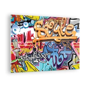 Schilderen op glas - Kleurrijke graffiti met dynamische inscripties en tekeningen - 70x50cm - Muurschilderingen, muurschilderingen, muurschilderingen ... - Moderne wanddecoratie voor woonkamer en slaapkamer ARTTOR