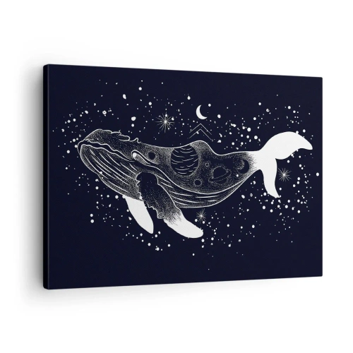 Schilderen op canvas - Een grafische illustratie van een walvis in ruimtetijdperkstijl. - 70x50cm - In de oceaan van het universum - Moderne wanddecoratie voor woonkamer en slaapkamer ARTTOR