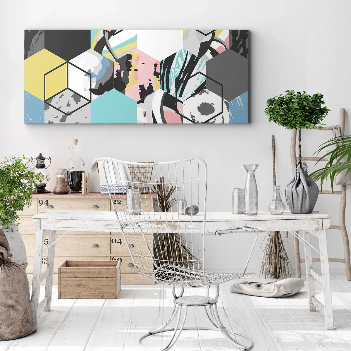 Schilderen op canvas - Zeshoeken en kubussen in zes kleuren - 100x40 cm