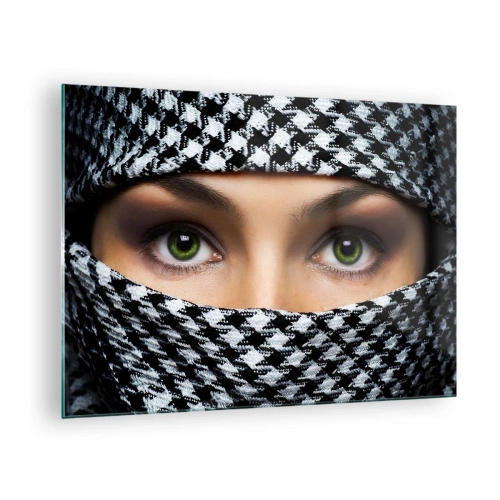 Schilderen op glas - Groene ogen omgeven door een zwart-wit patroon - 70x50cm - Portret van een gesluierde schoonheid met groene ogen - Moderne wanddecoratie voor woonkamer en slaapkamer ARTTOR