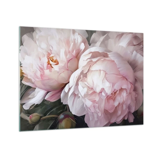 Schilderen op glas - Delicate pioenrozen in een lichtroze tint van dichtbij - 70x50cm - In bloei gestopt - Moderne wanddecoratie voor woonkamer en slaapkamer ARTTOR