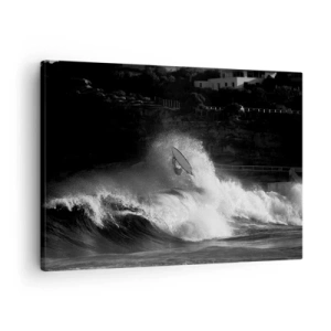 Schilderen op canvas - Een surfer die op een golf rijdt in monochroom - 70x50cm - Uitdaging aanvaard! - Moderne wanddecoratie voor woonkamer en slaapkamer ARTTOR