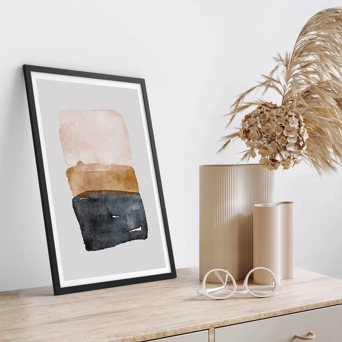 Poster in een zwarte lijst - Abstracte aquarel in aardse tinten - 50x70cm - De samenstelling van de kleuren van de aarde - Moderne wanddecoratie voor woonkamer en slaapkamer ARTTOR