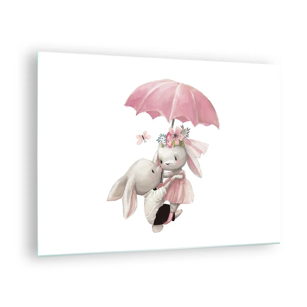 Schilderen op glas - Twee konijnen onder een roze paraplu in een romantische scène - 70x50cm - Dit is liefde - Moderne wanddecoratie voor woonkamer en slaapkamer ARTTOR