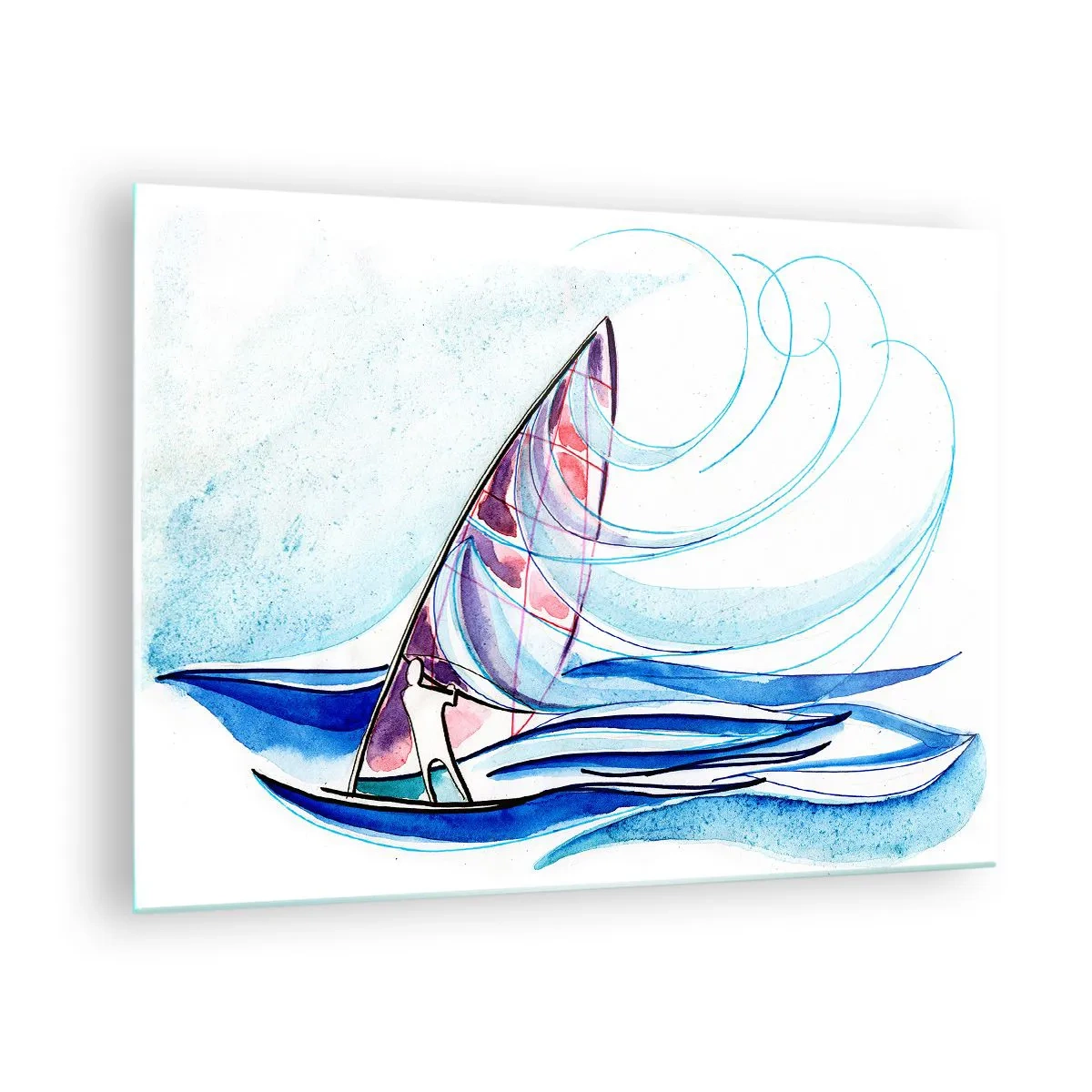 Schilderen op glas - Een zeilboot op de golven in aquarelstijl - 70x50cm - Met de wind op het ritme van de golven - Moderne wanddecoratie voor woonkamer en slaapkamer ARTTOR