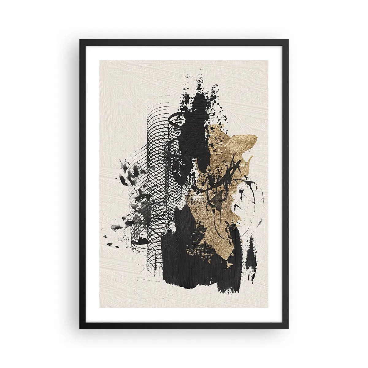 Poster in een zwarte lijst - Abstracte compositie in tinten zwart en goud - 50x70cm - Compositie met passie - Moderne wanddecoratie voor woonkamer en slaapkamer ARTTOR