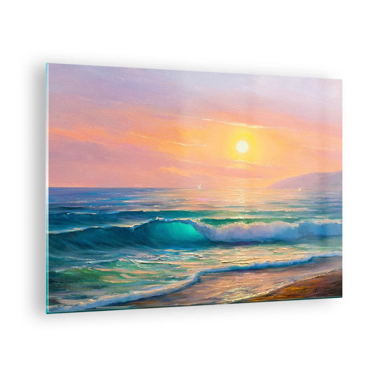 Schilderen op glas - Zeegezicht met golven en een zonsondergang in turquoise tinten - 70x50cm - Een turquoise lied van de golven - Moderne wanddecoratie voor woonkamer en slaapkamer ARTTOR