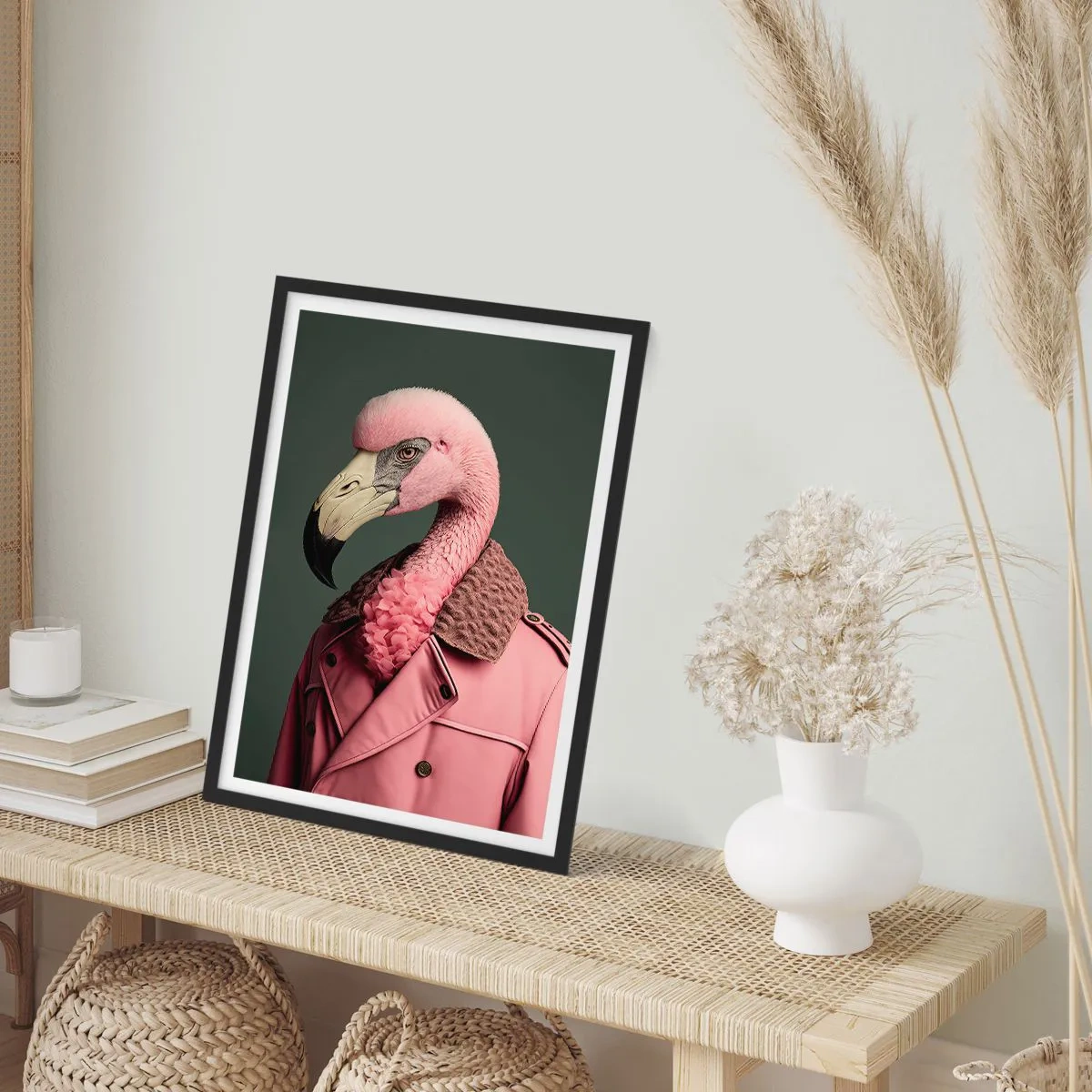 Poster in een zwarte lijst - Een stijlvolle flamingo in een elegante jas - 50x70cm - Echte elegantie - Moderne wanddecoratie voor woonkamer en slaapkamer ARTTOR