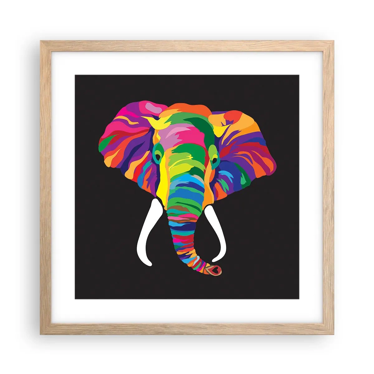 Een poster in een licht eiken lijst - De olifant die ervan hield om in de regenboog te baden - 40x40 cm