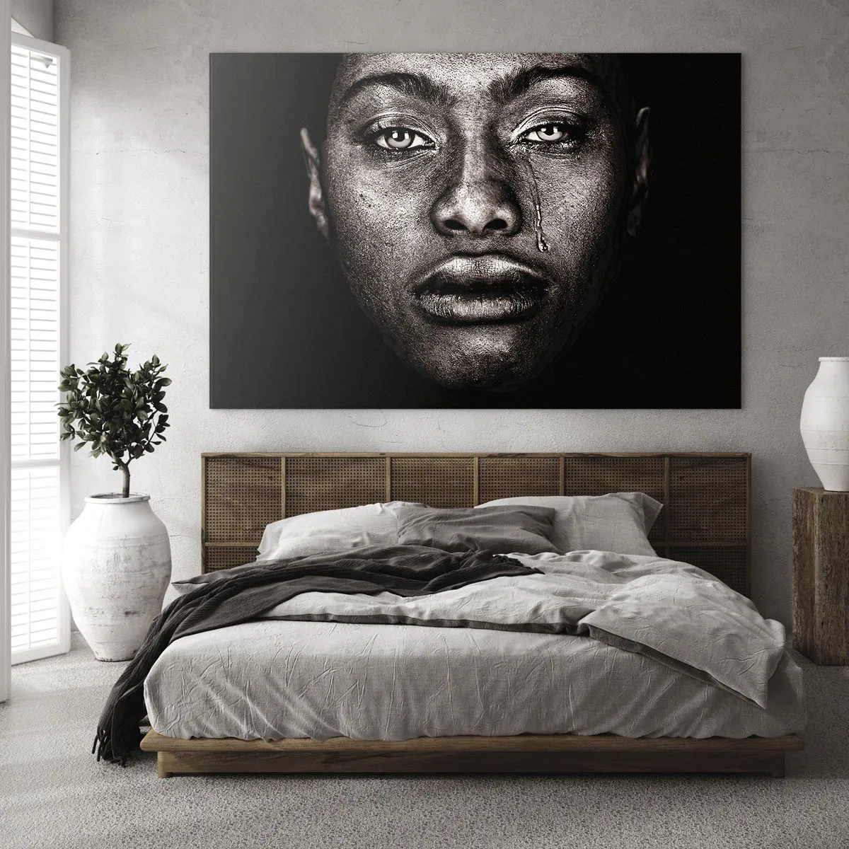 Schilderen op glas - Emotioneel portret van een vrouw met een traan op haar wang - 70x50cm - een traan - Moderne wanddecoratie voor woonkamer en slaapkamer ARTTOR