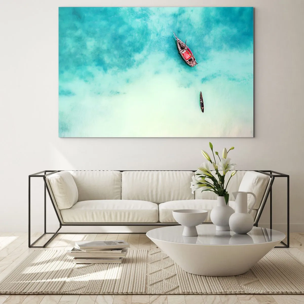 Schilderen op glas - Boten op azuurblauw water in een rustige omgeving - 70x50cm - Want op de stranden van Zanzibar, wanneer het teveel aan water ... - Moderne wanddecoratie voor woonkamer en slaapkamer ARTTOR