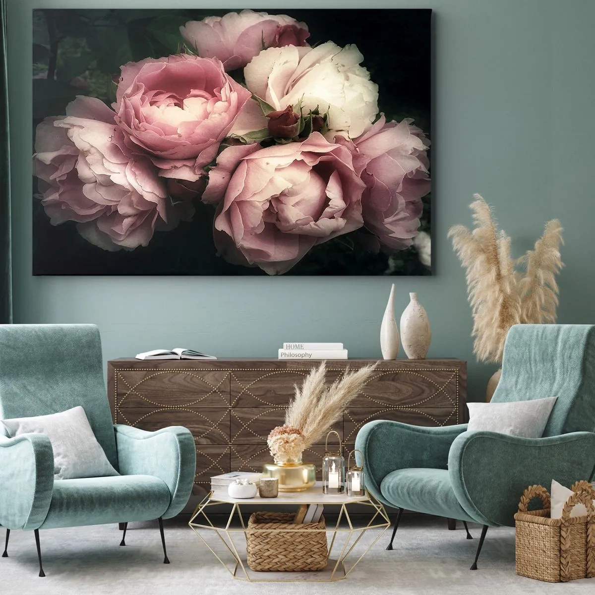 Schilderen op canvas - Een boeket rozen in delicate tinten roze en wit - 70x50cm - De charme van belle epoque - Moderne wanddecoratie voor woonkamer en slaapkamer ARTTOR