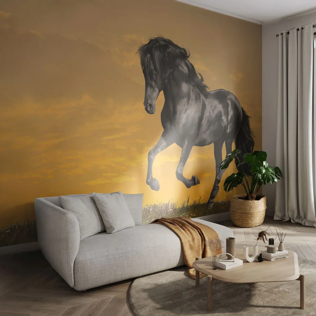 Fotobehang Premium Sand - Mooi, vrij en wild - Dieren, Paard, Landschap - 150x105 cm