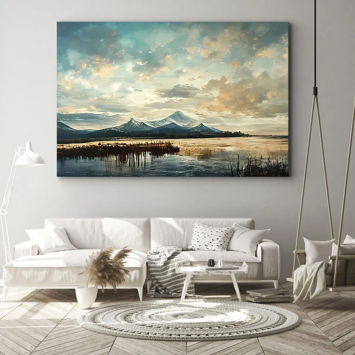 Schilderen op canvas - Een schilderachtig landschap met een berg en een kalm meer - 70x50cm - Onder bescherming van de hemel - Moderne wanddecoratie voor woonkamer en slaapkamer ARTTOR