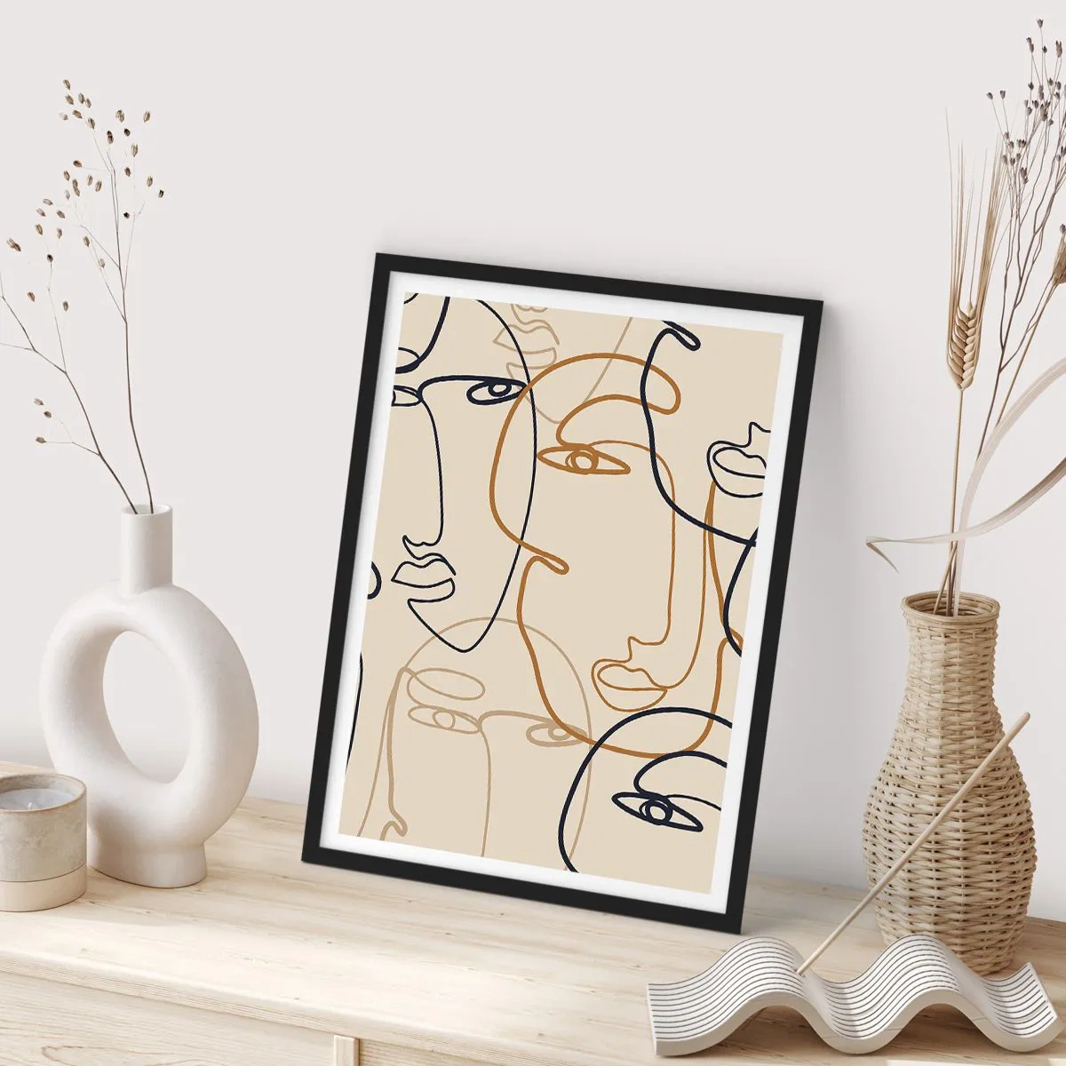 Poster in een zwarte lijst - Minimalistische tekeningen van gezichten op een beige achtergrond - 50x70cm - Het portret is vermenigvuldigd - Moderne wanddecoratie voor woonkamer en slaapkamer ARTTOR