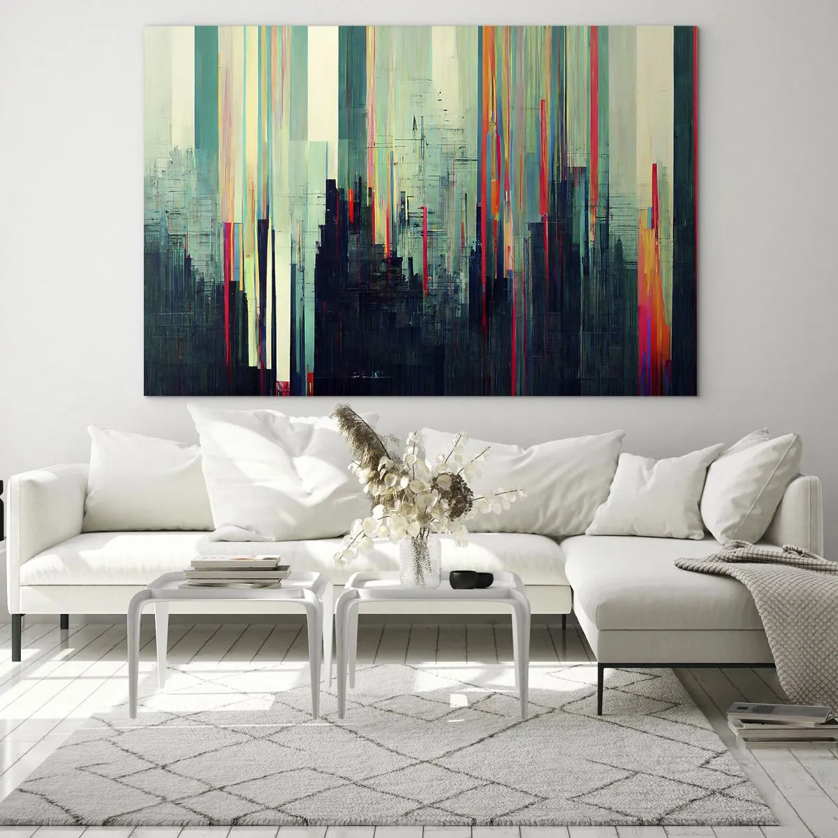 Schilderen op glas - Verticale, gekleurde lijnen vormen de omtrek van een futuristische metropool. - 70x50cm - Futuristische stad - Moderne wanddecoratie voor woonkamer en slaapkamer ARTTOR