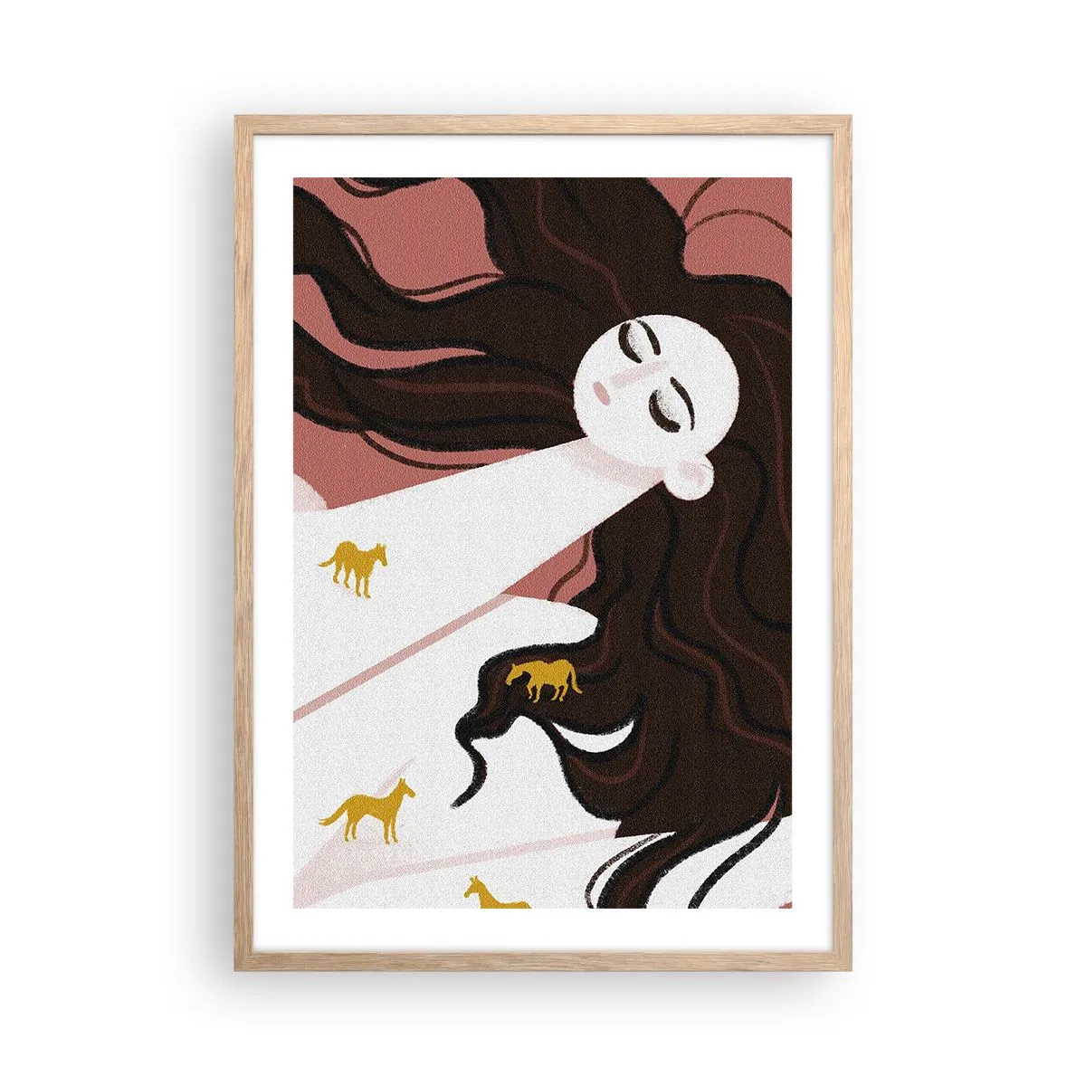 Een poster in een licht eiken lijst - Droom over een gouden paard - 50x70 cm