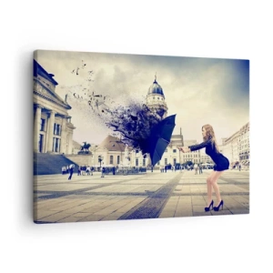 Schilderen op canvas - Een vrouw met een paraplu in een artistieke compositie tegen een stedelijke achtergrond - 70x50cm - Er is zo'n wind...  - Moderne wanddecoratie voor woonkamer en slaapkamer ARTTOR