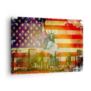 Schilderen op canvas - Het Vrijheidsbeeld tegen de achtergrond van de Amerikaanse vlag en de skyline van de stad - 70x50cm - Viva America! - Moderne wanddecoratie voor woonkamer en slaapkamer ARTTOR