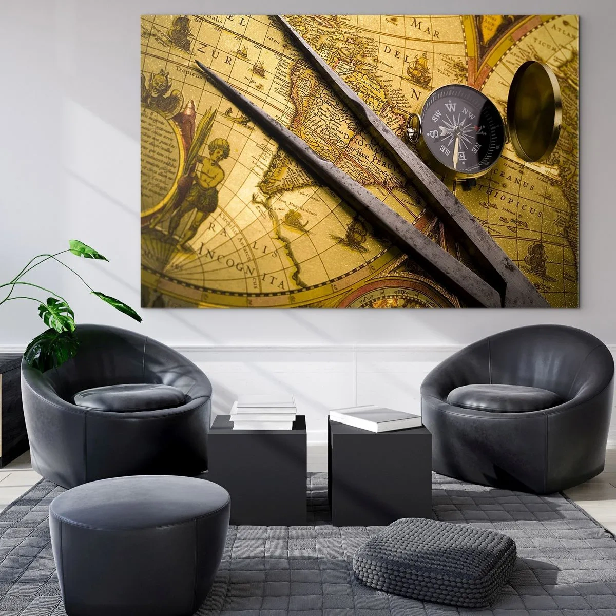 Schilderen op glas - Oude kaart met kompas en kompas - 70x50cm - Waar zijn deze schatten? - Moderne wanddecoratie voor woonkamer en slaapkamer ARTTOR