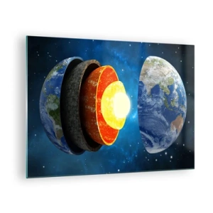 Schilderen op glas - Een dwarsdoorsnede van de aarde, waarbij de verschillende lagen zichtbaar zijn tegen de achtergrond van de ruimte. - 70x50cm - Reis naar het binnenste van de aarde - Moderne wanddecoratie voor woonkamer en slaapkamer ARTTOR