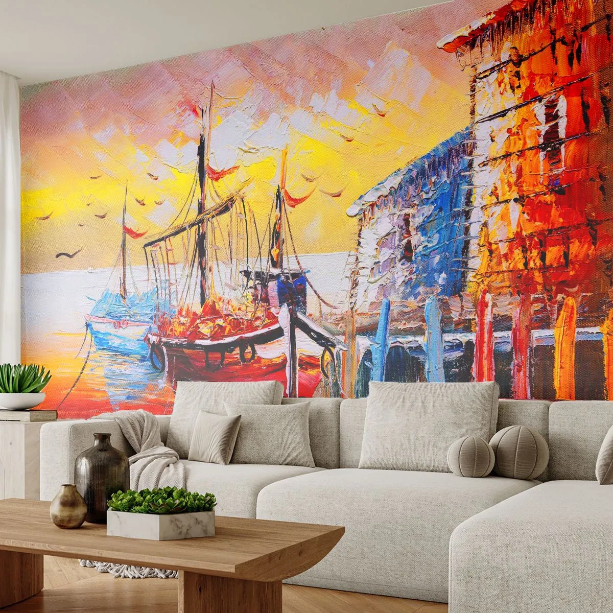 Fotobehang Standard Eco - Gelukkige terugkeer - Landschap, Vissershaven, Boten - 450x315 cm