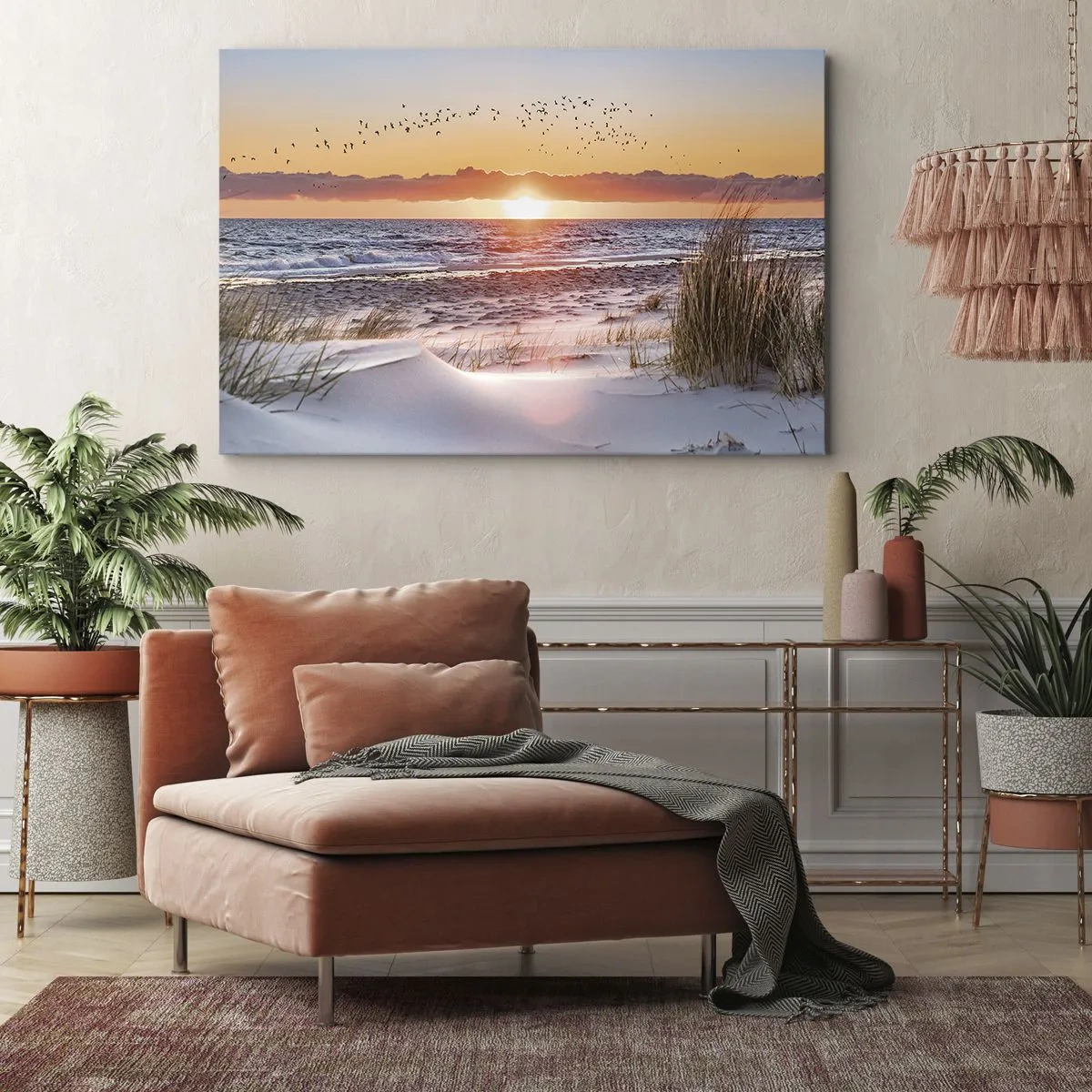 Schilderen op canvas - Zonsondergang boven de zee met uitzicht op de duinen - 70x50cm - Horizontaal landschap - Moderne wanddecoratie voor woonkamer en slaapkamer ARTTOR