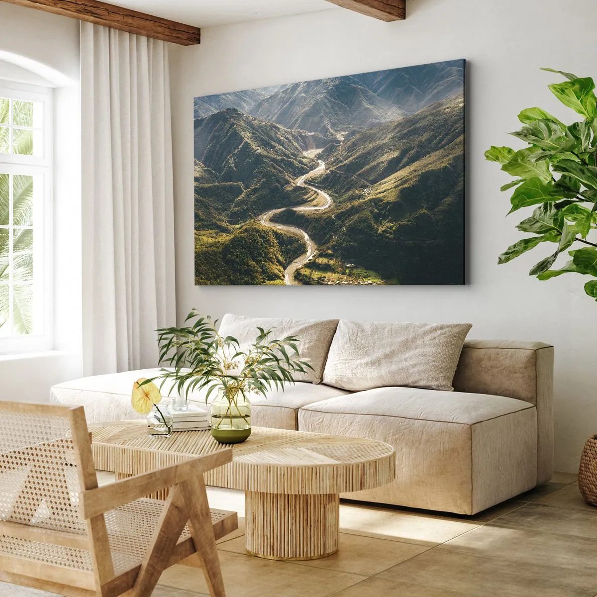 Schilderen op canvas - Een berglandschap met een kronkelende weg tussen groene heuvels - 70x50cm - Recht uit het hart van de bergen - Moderne wanddecoratie voor woonkamer en slaapkamer ARTTOR