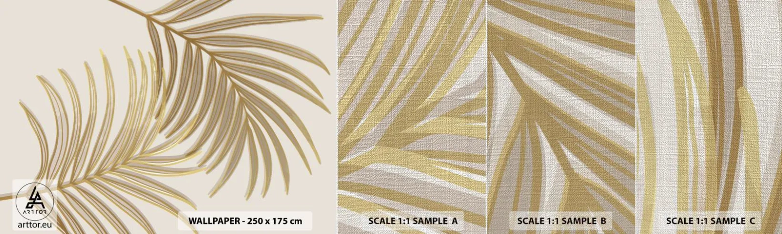 Fotobehang Monster Premium Canvas - Gouden Palm! - Abstractie, Palmblad, Grafisch - 100x30 cm