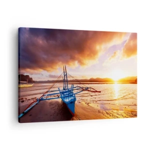 Schilderen op canvas - Blauwe boot op het strand bij zonsondergang - 70x50cm - Strek je uit op het zand na een hele dag - Moderne wanddecoratie voor woonkamer en slaapkamer ARTTOR