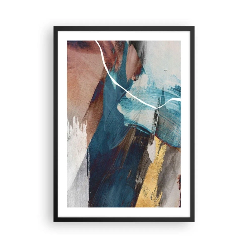 Poster in een zwarte lijst - Expressieve abstractie in tinten blauw en goud - 50x70cm - Met panache en energie - Moderne wanddecoratie voor woonkamer en slaapkamer ARTTOR