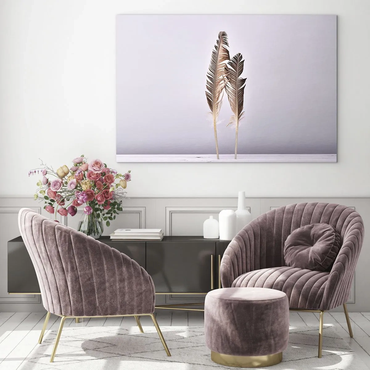 Schilderen op glas - Twee delicate veren op een lichte achtergrond - 70x50cm - Tegen het niets - Moderne wanddecoratie voor woonkamer en slaapkamer ARTTOR