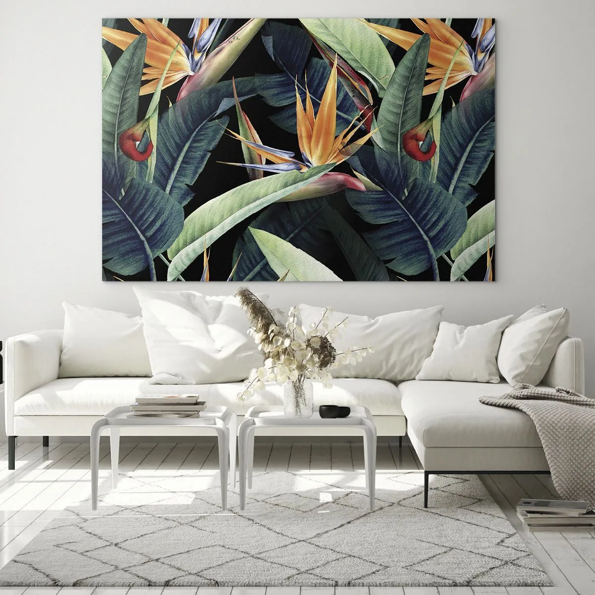 Schilderen op glas - Strelitzia-bloemen en tropische bladeren op een zwarte achtergrond - 70x50cm - Vlammende bloemen van de tropen - Moderne wanddecoratie voor woonkamer en slaapkamer ARTTOR